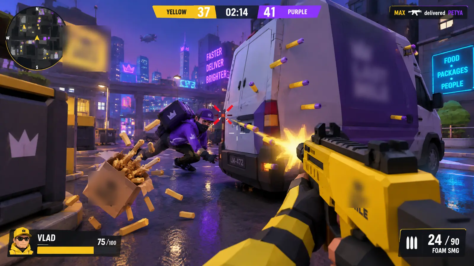 First-person gameplay: foam SMG vs van